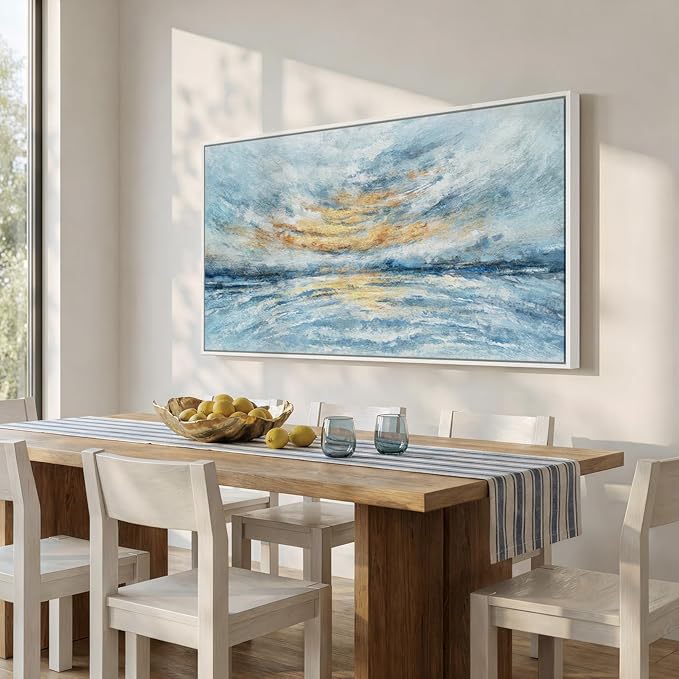 Extra Large Framed Blue Gold Abstract Wall Art for Living Room, Oversized Coastal Horizon Canvas Prints Paintings Artwork for Walls, Horizontal Modern Pictures for Bedroom Dining Room Wall Decor 36x72