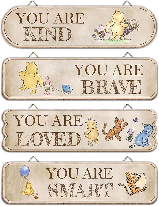 Hatzelou 4PCS Classic Winnie Baby Room Decor, Pooh Nursery Decor, the Pooh Wall Decor Sign Gifts, You Are Kind Brave Inspirational Quotes, Adorable Winnie Sign for Home Bedroom Nursery