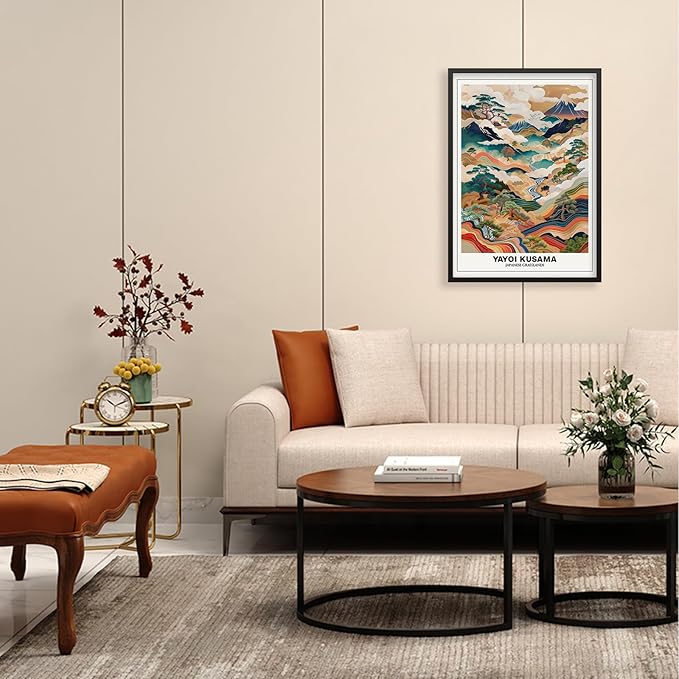 Vintage Yayoi Kusama Grasslands Posters Japanese Wall Art Yayoi Kusama Abstract Landscape Canvas Print for Stylish Room Bedroom Living Room Gallery Decor 20x30in Black Framed