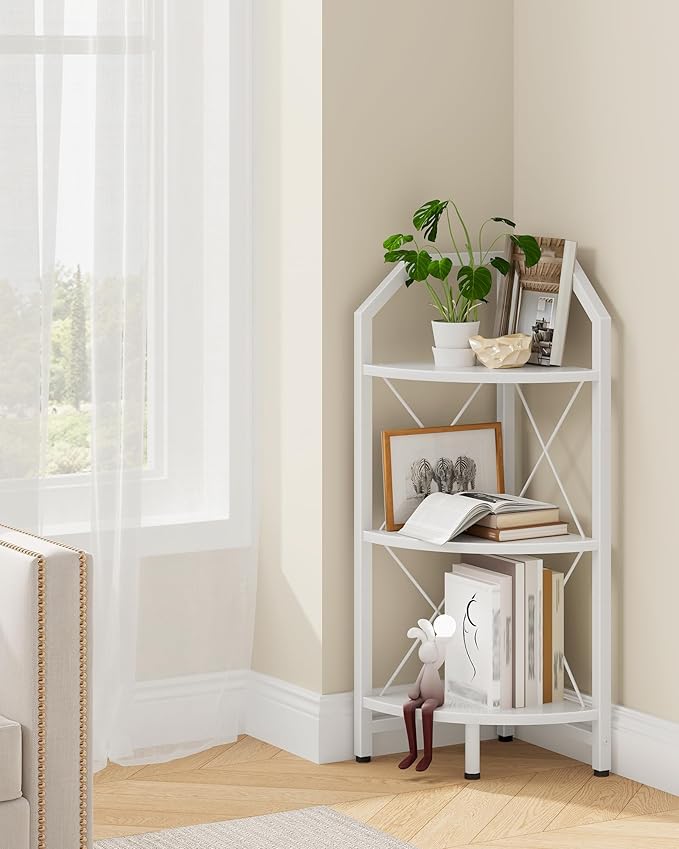 CHOEZON 3-Tier Corner Shelf, Industrial Corner Bookshelf, 35.4" Storage Stand, Plant Stand Display Shelf, Bookcase for Bedroom, Living Room, Home Office, White TCJ03WB
