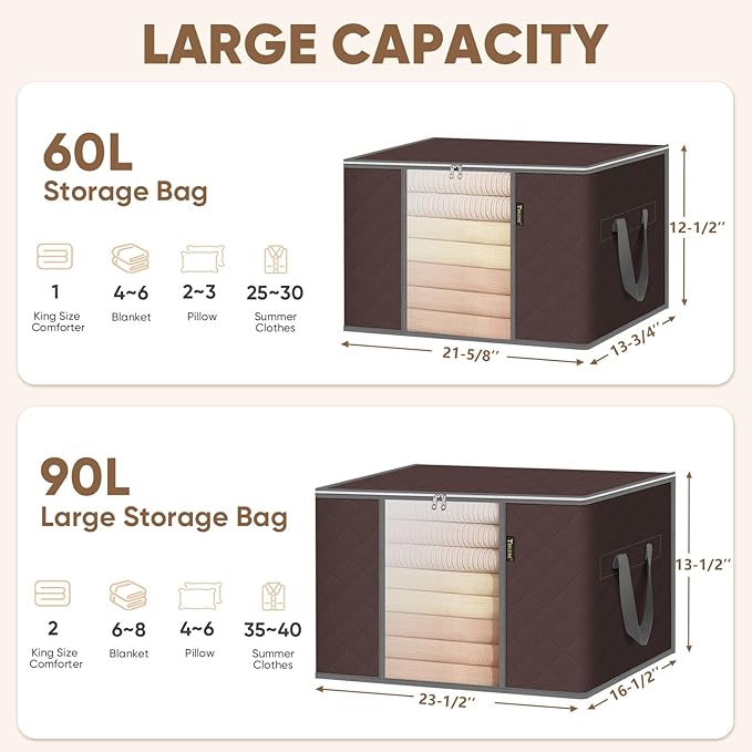 BALEINE 3 Pack Clothes Storage Bags, 24 Gallon Storage Containers with Reinforced Handle, Sturdy Zipper, Closet Organizer for Blanket, Comforter, Pillow, Bedding (Brown, 3 Pack)