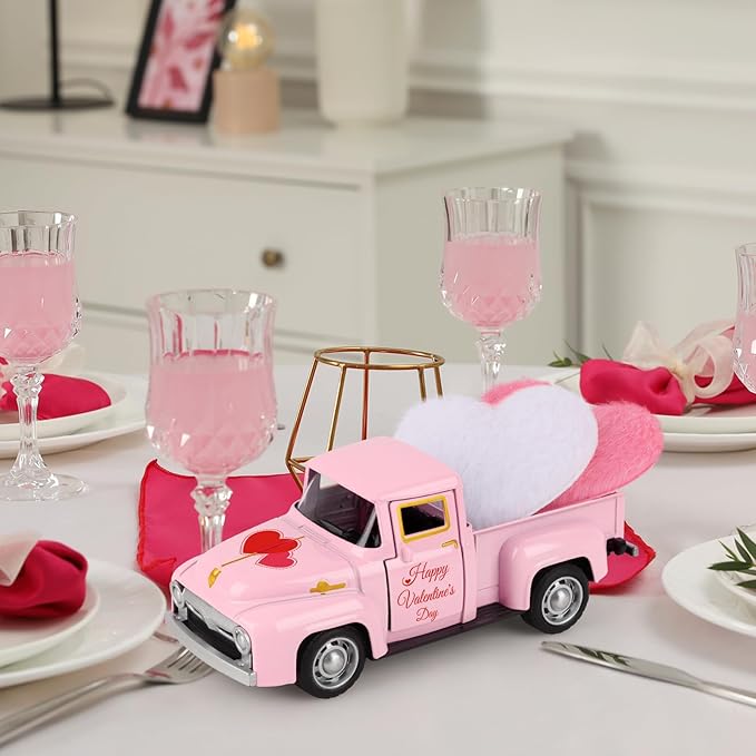 Valentine's Day Mini Metal Farm Truck with Pink and White Hearts Vintage Metal Pickup Romantic Love Model Truck Farmhouse Tiered Tray Decor for Shelf Kitchen Table Home Decor