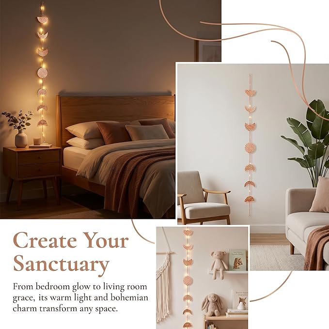 opulinea 32 Inch Hammered Rose Gold Moon Phase Metal Wall Decor with LED String Lights, Celestial Hanging Wall Sculpture, Boho Lunar Wall Art for Bedroom, Living Room, Bathroom, Apartment