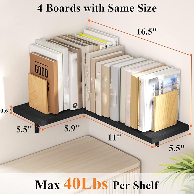 Love-KANKEI Corner Shelf Wall Mounted,Floating Wall Shelves for Storage,Rustic Wood Hanging Shelves for Display,Bathroom Kitchen Bedroom Living Room,Set of 4,Black