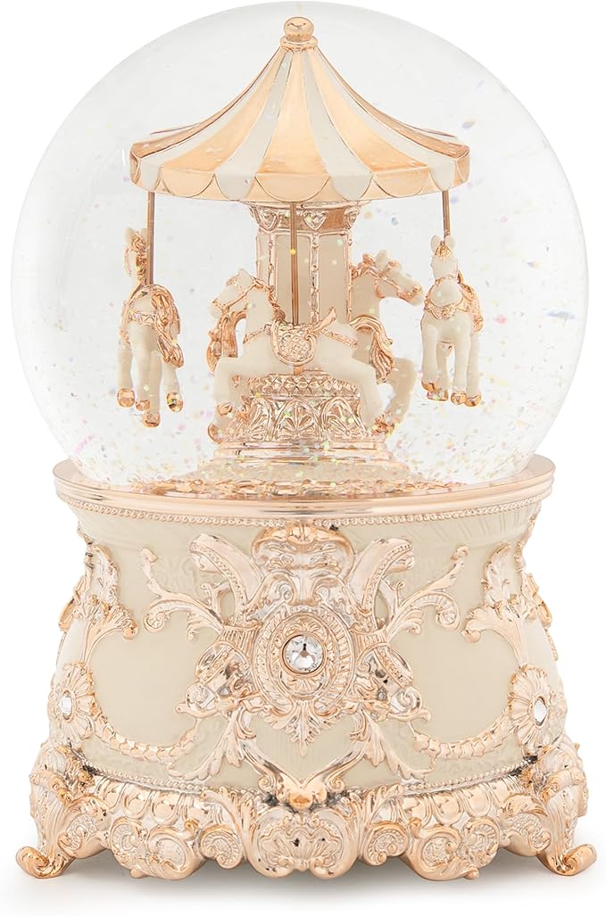 Carousel Music Box Rose Gold Christmas Snow Globes, 7.1" Glass Rotate Carousel Snow Globe for Kids & Adults, Classic Wind up Musical Snow Globe Valentines Day Gifts, Carousel Horse Home Decor