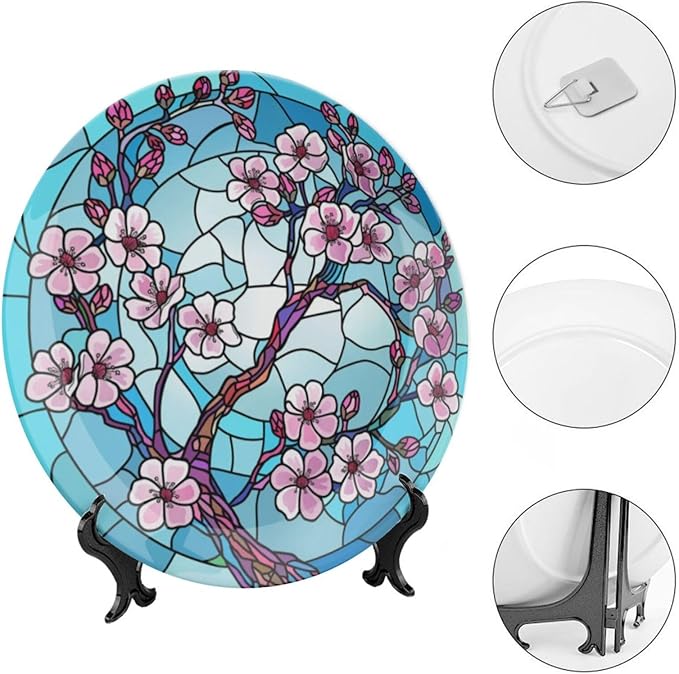 Stained Glass Theme Decorative Ceramic Plate Round Porcelain Plate,10 inch,Cherry Tree Pattern,for Decorative Ornaments Giving Plates, 1 Plate with 1 Display Stand,Blue Pink