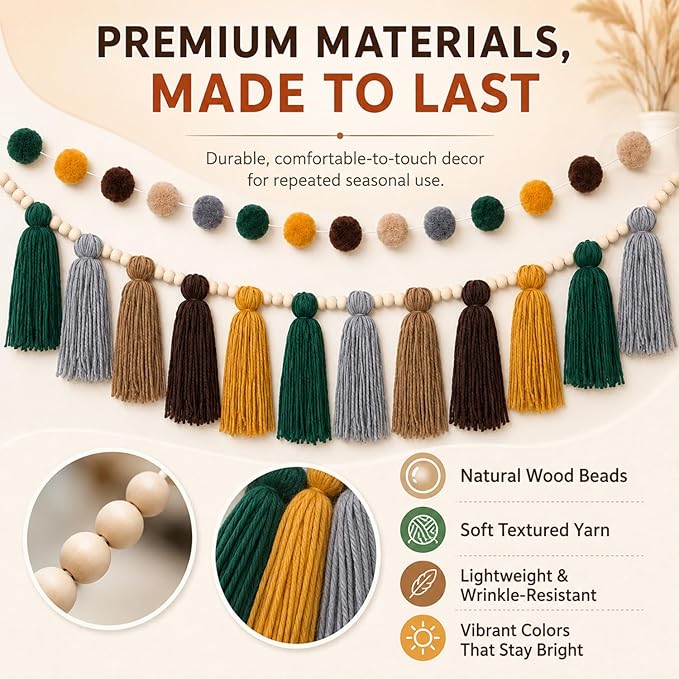 Syhood 3 Pcs Boho Tassel Garland Wall Hanging Decor 1 Boho Tassel Garland with Wood Beads and 2 Western Colorful Pom Pom Ball for Classroom Party Wedding Baby Shower Home Decorations(Elegant Colors)