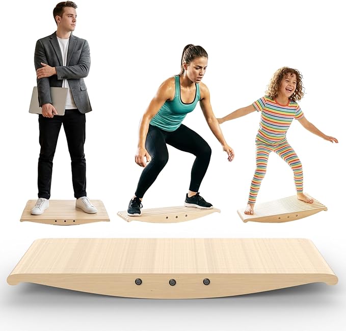 Wood Balance Board for Standing Desk - 360° Wobble Board for Anti-Fatigue & Core Strength Training - Anti-Slip Rocker for Surf, Skate & Ski Simulation, Supports 330lbs