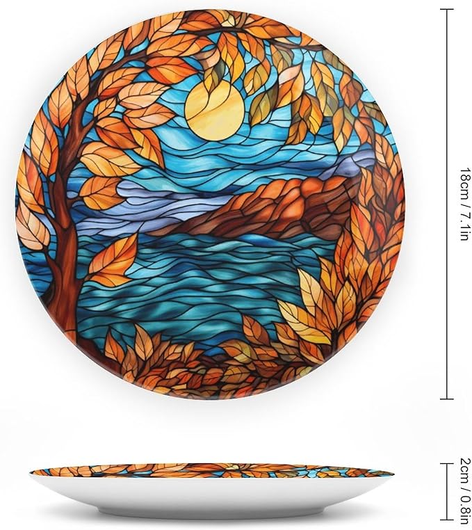 Stained Glass Design Fall Maple Tree Night Decorative Plates Home Decor Ceramic Plates, Fall Season Dinner Plates Display for Living Room, Kitchen, Gifts for Thanksgiving, 7 Inch