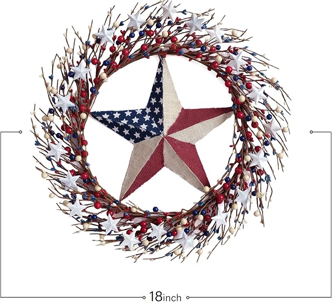 TEMPUS 18" Patriotic Wreath with Burlap Flag Star Artificial 4th of July Decor for Front Door, Indoor Wall & Gifting