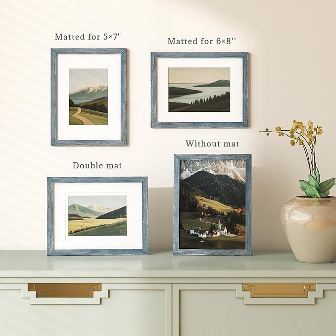 Egofine 9x12 Picture Frames Set of 4, Made of Solid Wood Covered by Plexiglass 5x7 and 6x8 with Mat or 9x12 whitout Mat, for Table Top Display and Wall Mounting Photo Frame Rustic Blue