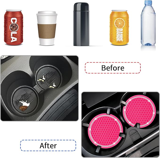 COCASES Car Coasters, 4 Pack Universal Vehicle Bling Car Coaster, Rhinestone Coaster for Cup Holders, Car Interior Accessories 2.75'' Silicone Car Coasters for Women(Hot Pink, White Crystal Circle)
