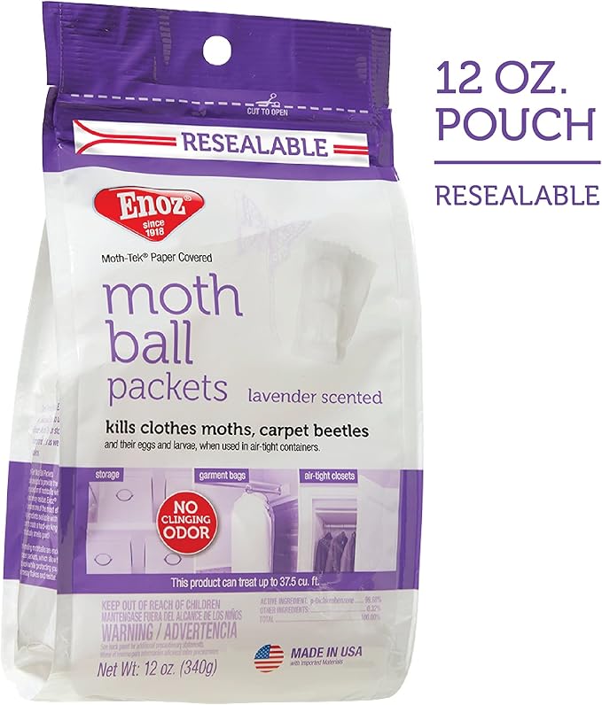 Enoz Lavender Scented Moth Ball Packets, Kills Clothes Moths, Carpet Beetles, Eggs and Larvae, 12 oz Resealable Bag