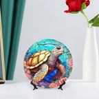 Decorative Plates for Home Decor, Sea Turtle Stained Glass Print Decor Tray for Table Display, Ceramic Dinner Plate W/Stand, Living Room Dining Room Decor, Gifts for Turtle Lovers, 6 Inch