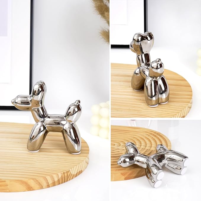 Notakia Silver Balloon Dog Ceramic Statue, Handmade Small Modern Animal Figurine, Cute Desktop Decoration for Living Room, Home Decor Accent