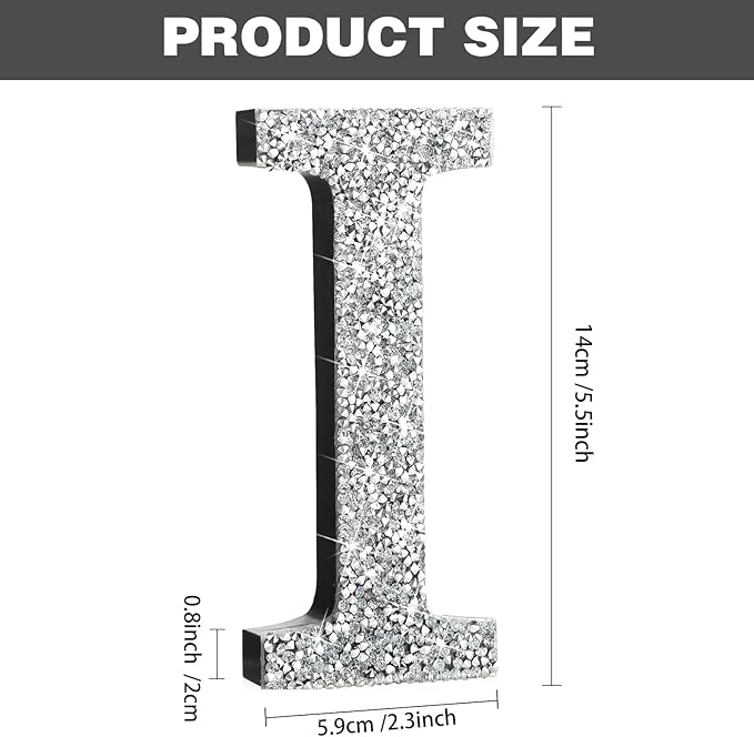 Qunclay 5.7" Silver Crystal Diamond Bling Letters Crushed Diamond Decoration Wooden Glitter Letter with Screw and Hooks Rhinestone Gift for Wedding Y2k Mcbling Bedroom Wall Decor (Letter I)