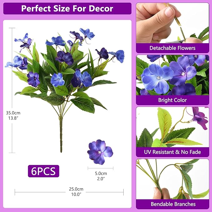 Artificial Fake Flowers for Outdoor, 6 Bundles UV Resistant Faux Plants Decoration Silk Flowers No Fade Plastic Flowers for Outside Planters Home Porch Patio Yard Garden Decor