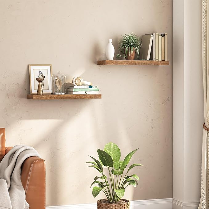 HOOBRO Floating Shelves for Wall, Wall Mounted Shelf Set of 2, 31.5" Hanging Shelf with Invisible Brackets, for Wall Storage in Bathroom Bedroom Kitchen Living Room Office, Rustic Brown BF80BJP201