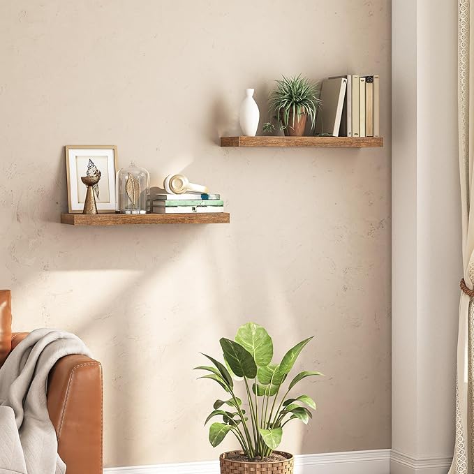 HOOBRO Floating Shelves for Wall, Wall Mounted Shelf Set of 2, 23.6" Hanging Shelf with Invisible Brackets, for Wall Decor Storage in Bathroom Bedroom Kitchen Living Room Office, Rustic Brown BF60BJ01