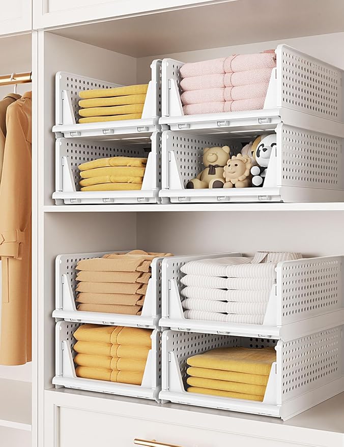 Closet Organizer System, Stackable Plastic Clothes Storage Basket, Stackable, Foldable Organizers for Wardrobe Clothes Organizer Suitable for Bedrooms Bathrooms Kitchen Living Rooms (2pack)