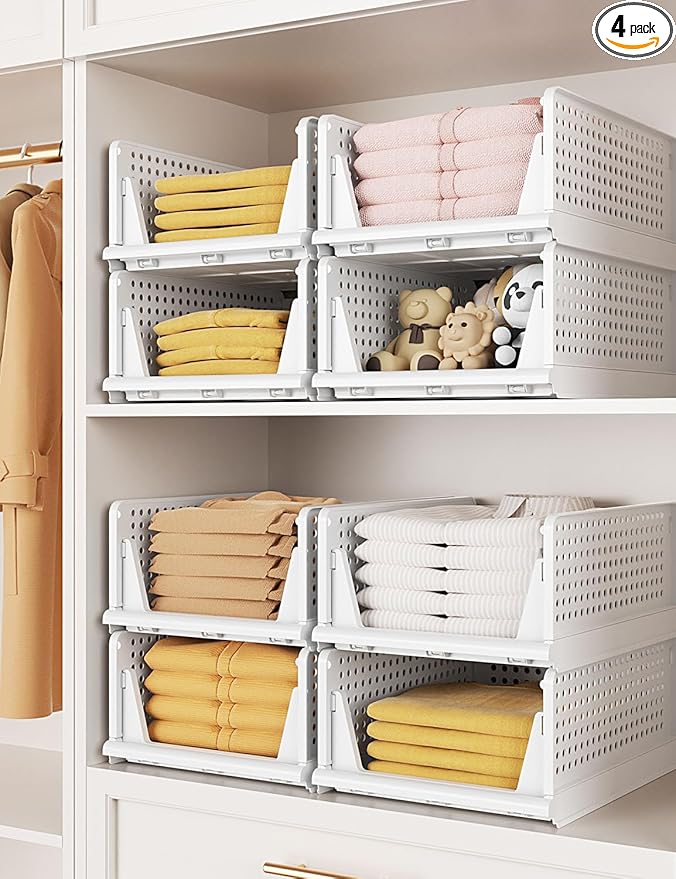 4 Pack Closet Organizer System, Stackable Plastic Clothes Storage Basket, Stackable, Foldable Organizers for Wardrobe Clothes Organizer Suitable for Bedrooms Bathrooms Kitchen Living Rooms Office Dorm