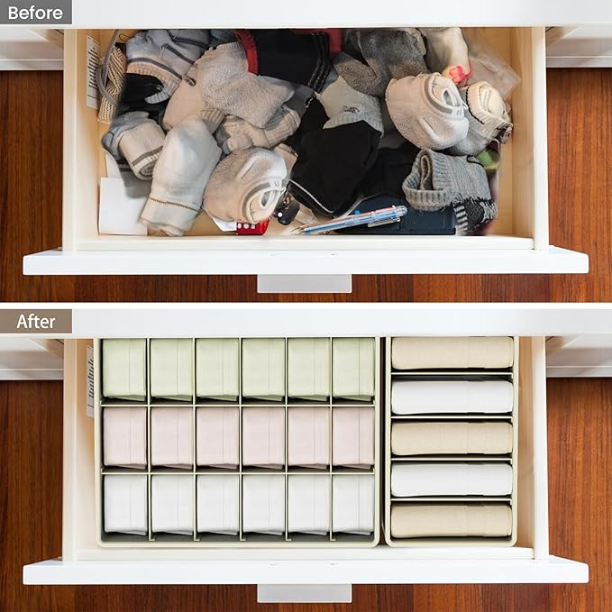Drawer Organizer Clothes Set, 4 Pack Foldable Dresser Closet Dividers (6/8/7/24-Cell), Non-Woven Underwear & Sock Drawer Organizer, Bra/Tie/Belt Storage Bins (Light Grey)