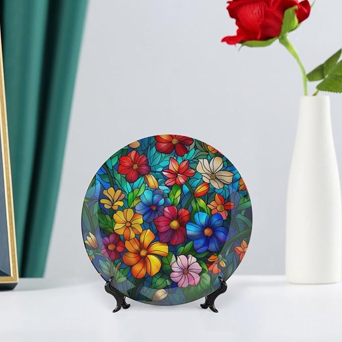 Stained Glass Theme Decorative Ceramic Plate Round Porcelain Plate,10 inch,Colorful Flowers Pattern,for Decorative Ornaments Giving Plates, 1 Plate with 1 Display Stand,Multicolor