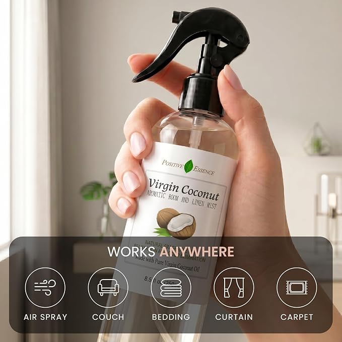 Virgin Coconut Linen and Room Spray, Natural Aromatic Mist Made with Pure Virgin Coconut Oil, Relax Your Body & Mind, Perfect as a Bathroom Air Freshener Odor Eliminator
