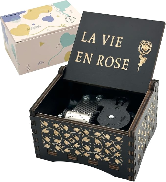 Pursuestar Wind Up Music Box -La Vie En Rose, Vintage Engraved Wood Mechanism Musical Gifts for Mother's Day Valentine's Day Anniversary Birthday Christmas Thanksgiving