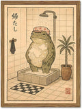Funny Japanese Frog Bathroom Wall Art Whimsical Frog Shower Wall Decor 16x24 inch Wood Framed, Eclectic Japan Animal Bathroom Poster Painting Canvas Prints Aesthetics