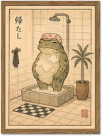 Funny Japanese Frog Bathroom Wall Art Whimsical Frog Shower Wall Decor 16x24 inch Wood Framed, Eclectic Japan Animal Bathroom Poster Painting Canvas Prints Aesthetics