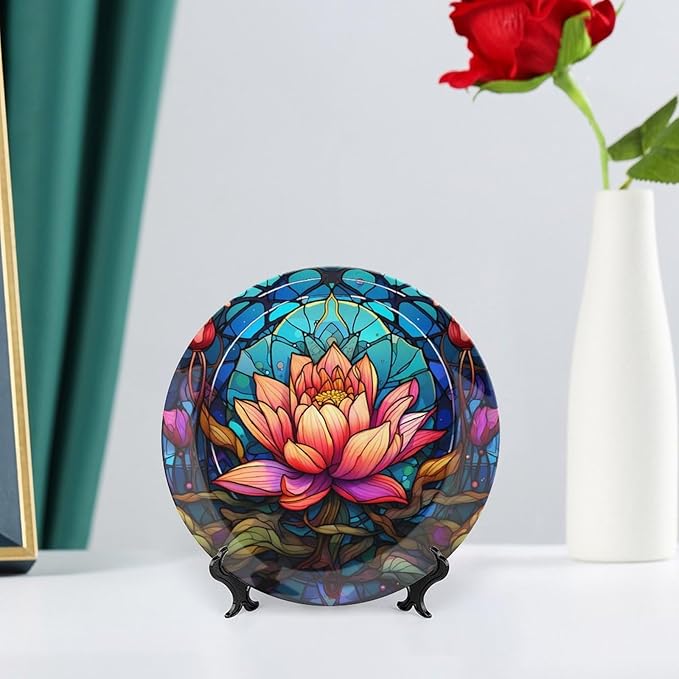 Stained Glass Design Gothic Mandala Lotus Decorative Plates Home Decor Ceramic Plates, Dinner Plates Display for Living Room, Kitchen, Hallway Console Side Table, Presents for Lotus Lover, 6 Inch