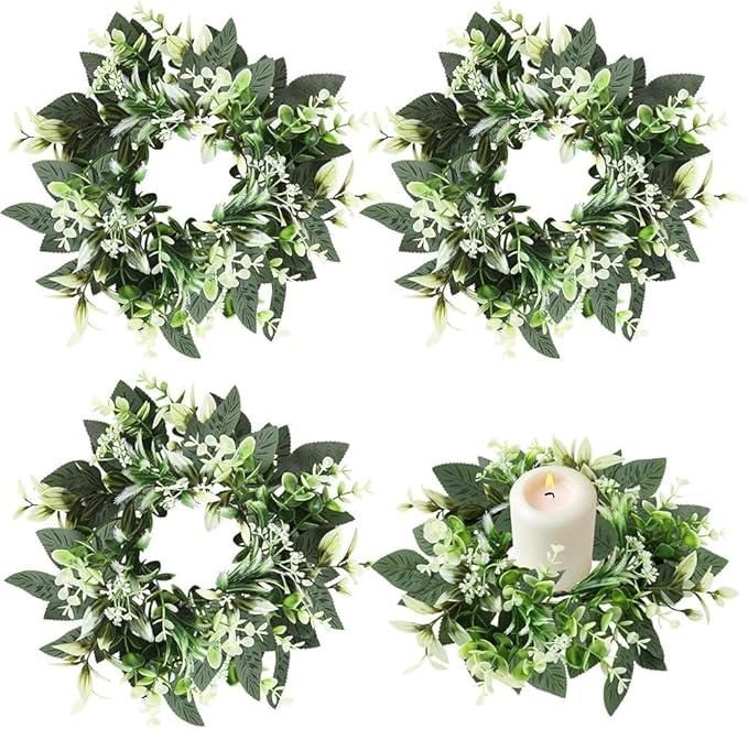 4 PCS Small Eucalyptus Leaves Cabinet Wreath Artificial Mini Spring Summer Greenery Kitchen Wreaths Vintage Swags Wreath with Retro Burlap Ribbon for Farmhouse Rustic Home Door Wedding Wall Decor