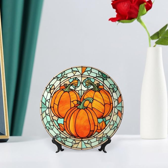 Stained Glass Watercolor Pumpkin Decorative Plates Home Decor Ceramic Plates, Fall Season Dinner Plates Display for Living Room, Kitchen, Hallway Console Side Table, Thanksgiving Gifts, 6 Inch