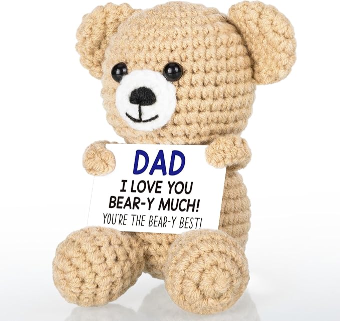 WELLBANEE Mini Bear Gifts for Dad Father from Daughter Son, Birthday Gifts for New Step Bonus Dad, I Love You Handmade Emotional Crochet Bear