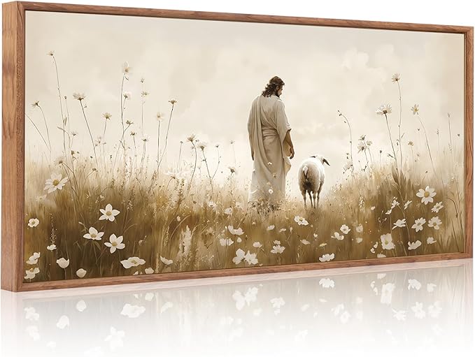 KAIRNE Jesus Canvas Wall Art,Lost Sheep Prints,Neutral Beige Wildflower Wall Decor,Framed Christian Scripture Wall Art,Religious Inspirational Artwork for Living Room Bedroom Church Decor,20X40 inch