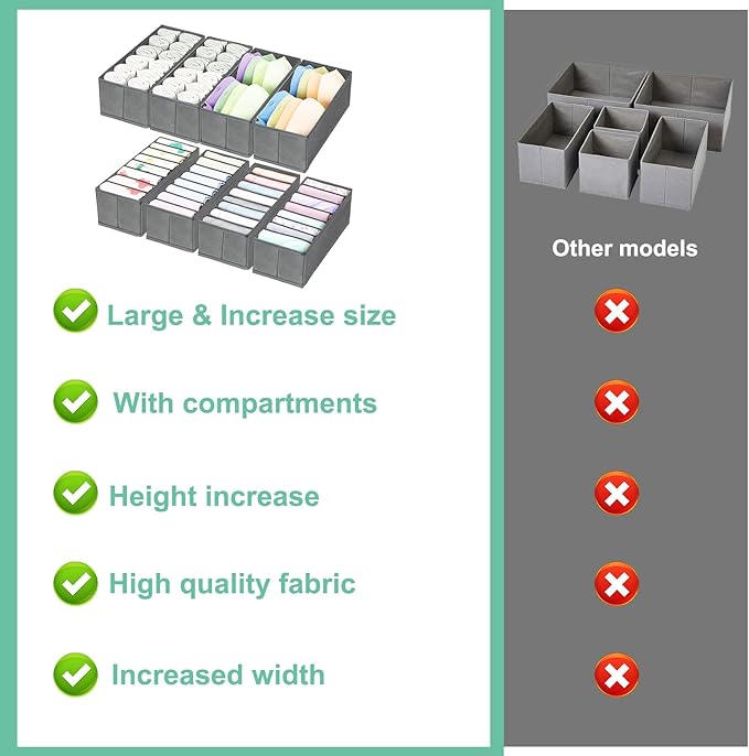 homyfort 8 Pack Dresser Drawer Organizers and Storage Bins for Clothing, Large Drawer Organizer Bins for Baby Clothes, T-Shirts, Bra, Underwear, Socks (Grey)