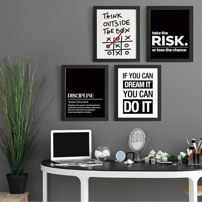 DSHFG Inspirational Office Motivational Wall Art Decor Prints Set of 4, Black Motivational Wall Decor Trendy Retro Posters for Office Home Decor, 12x16 Unframed