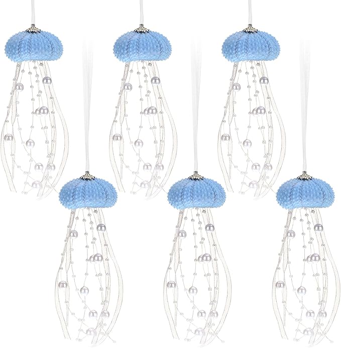 Namalu 6 Pcs Sea Urchin Jellyfish Christmas Ornament Coastal Beaded Beach Theme Holiday Decor Ocean Inspired Hanging Jellyfish Decoration with Crystal and Ribbon (Pearl Blue)