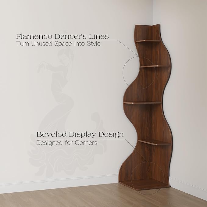 YOWOS Modern Corner Shelf, 5 Tier High Corner Bookshelf for Small Spaces, Scalloped Corner Bookshelf and Storage, Wooden Display Stand for Plants, Books and Decorations (Walnut)
