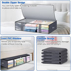 Under Bed Storage Containers, 2 Pack Blanket Storage Bags, Collapsible Storage Bags with Big Zippers, Clear Front, Shoe Storage and Organization for Clothes, Comforter, 60L, Grey
