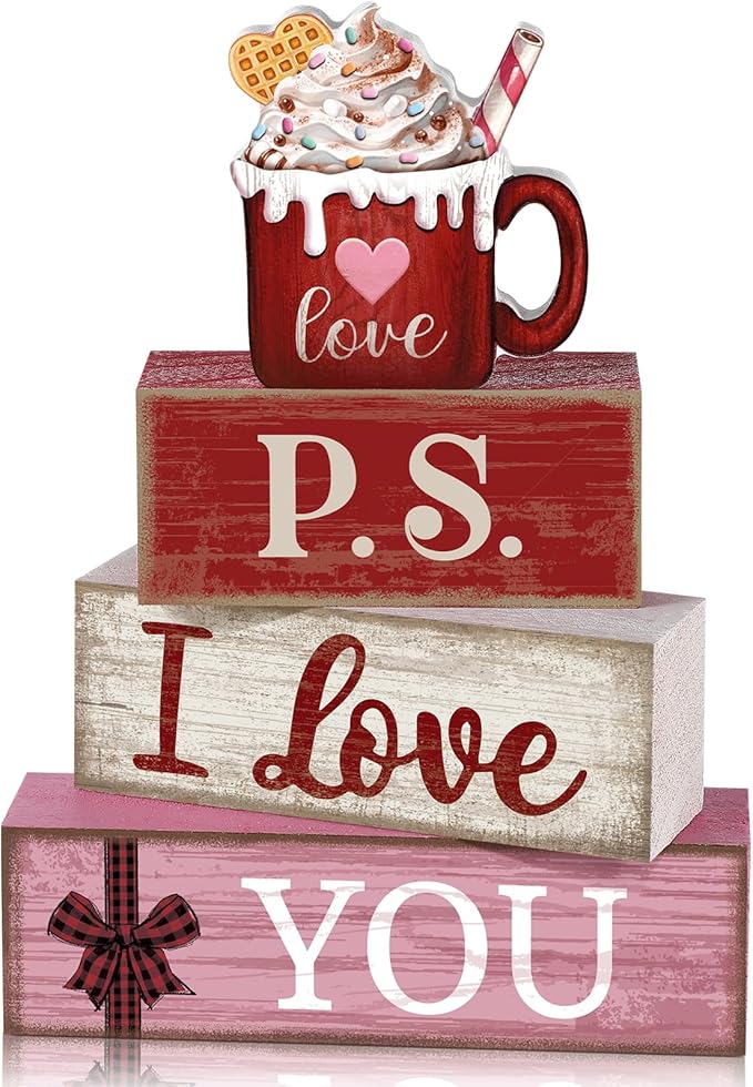 Lineshading 4 Pcs Valentine's Day Table Decoration Wooden Ice Cream Cup Valentine Tiered Tray Decor Valentine Centerpiece Red White and Pink I Love You Valentines Decor for Home Kitchen Coffee Bar