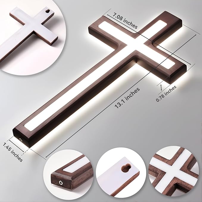 MoSavris Crucifix Wall Cross, Handmade Wood Cross with LED Light, Wall Decor for Faith and Blessing, Christian Gifts, 13 Inch