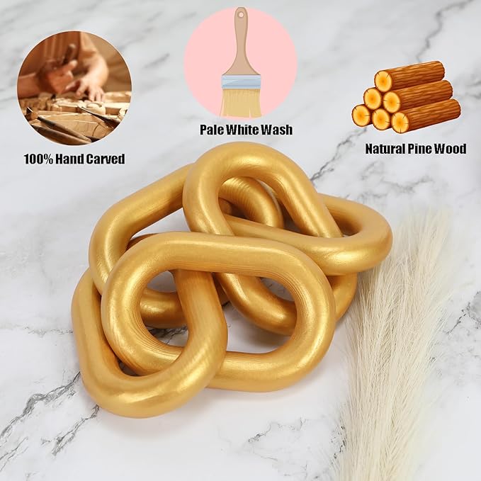 HMASYO Golden Wood Chain Link Decor, 5-Link Wooden Decorative Chain Home Decor Accents, Coffee Table Decor, Shelf Decor Aesthetic, Modern Bookshelf Table Decorative Objects for Living Room
