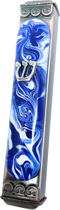 Tamara Baskin Art Glass Mezuzah, Easy Mount Indoor or Outdoor Weatherproof Metal Case Gift Box and Non-Kosher Scroll Included Hand Made in USA Guaranteed for Life (Marbled Blue White)