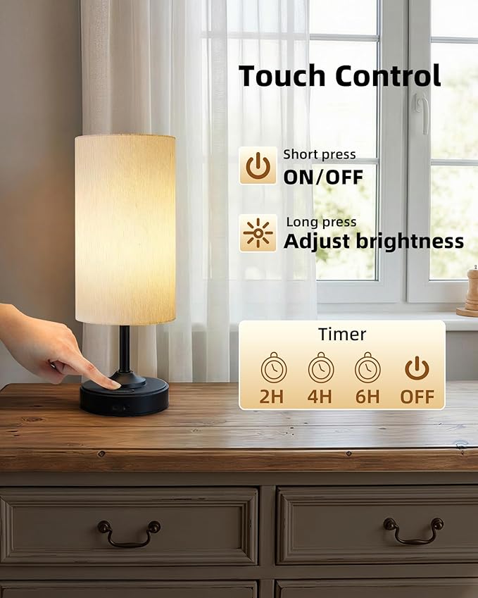 Battery Operated Lamp, Dimmable, Ambient Light, 2700K, Timer, Touch Control, Portable, LED, Wireless, Rechargeable, Cordless, Desk Lamp, Kitchen Lamp, Fabric Shade, for Bedroom, Living Room, Dorm