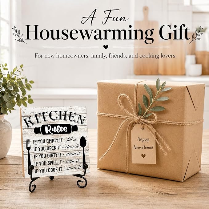 Rustic Wood Plaque with Stand - Kitchen Decor - Kitchen Rules Wood Sign - Idea Wooden Decor for Home Living Room Dining Room Shelf Table Decoration (31)