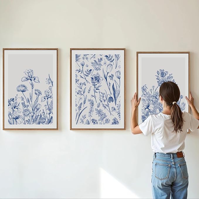 SIGNINART Classic Chinoiserie Framed Canvas Wall Art Set, Blue and White Floral Art Painting, Minimalist Botanical Flower Artwork, Navy Blue Wall Decor for Bedroom, Living Room, Office 24"x36"x3