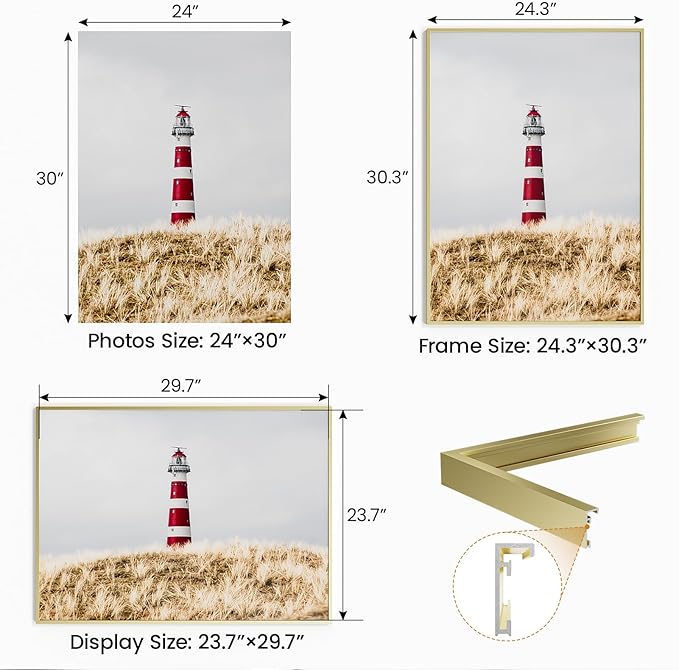 24x30 Aluminum Metal Picture Frame,Tempered Glass Gold Photo Frame 24x30 for Family Photo,Posters,Art,Document to Wall Mount Horizontally or Vertically