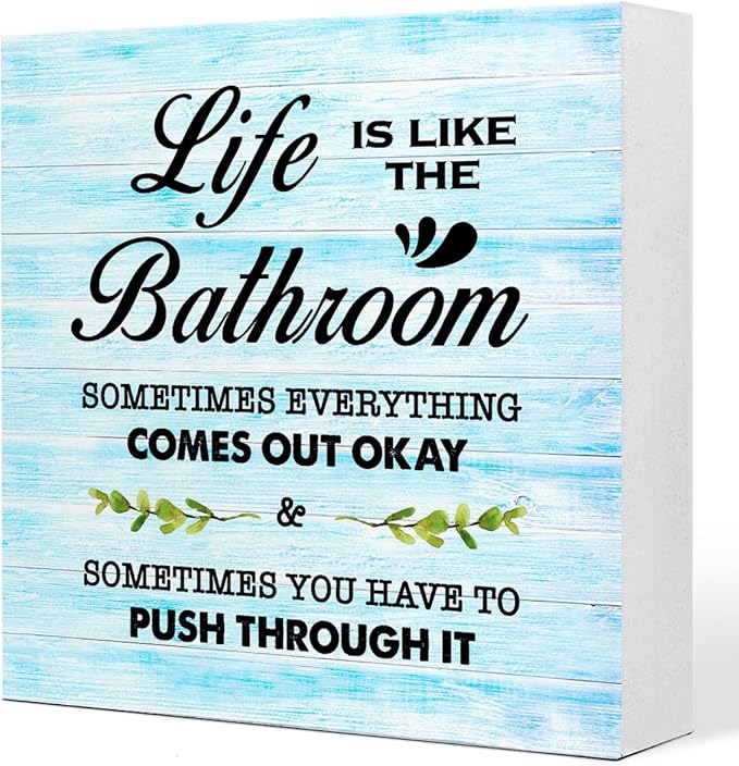 Blue Wood Life is Like The Bathroom Wooden Box Sign Desk Decor,Funny Bathroom Wood Block Sign for Farmhouse Toilet Shelf Decor